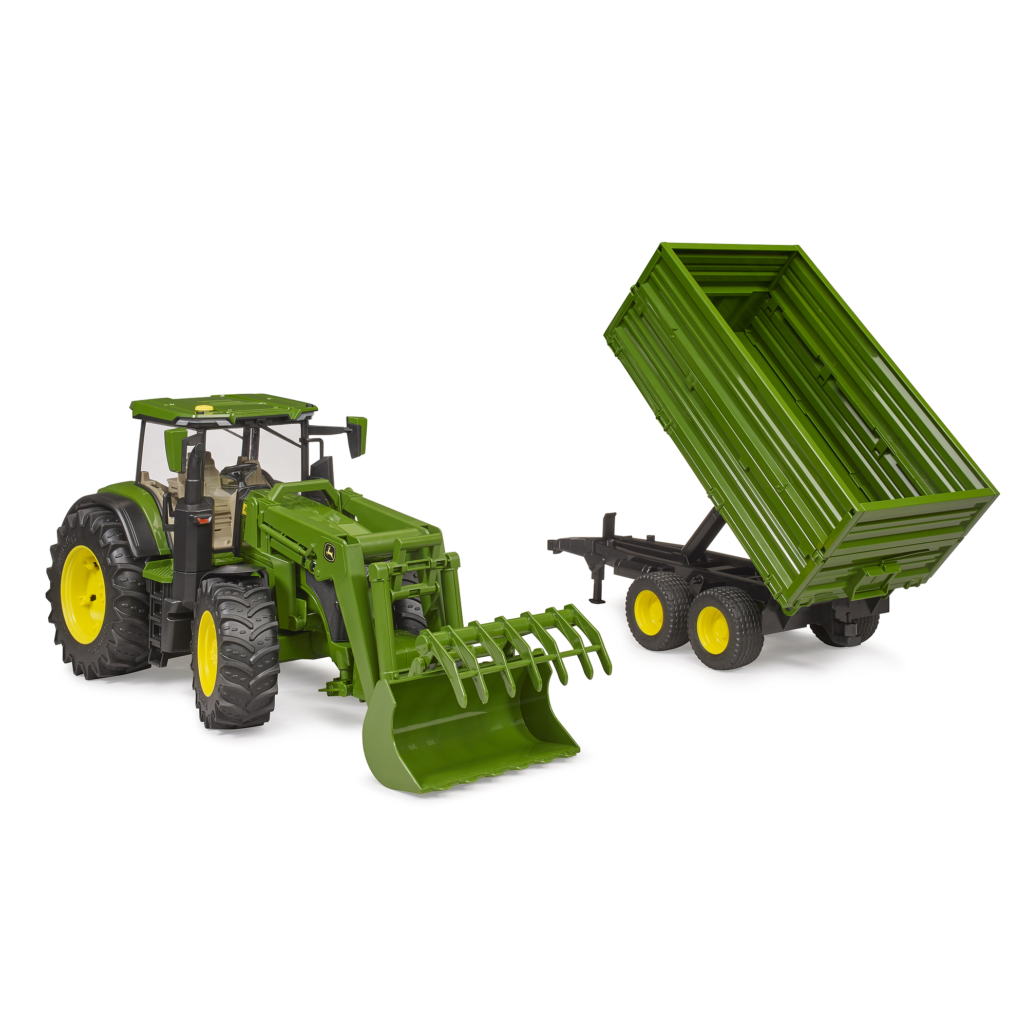 Bruder John Deere 7R 350 homlokrakodóval és pótkocsival U03155